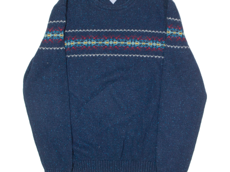 TOMMY HILFIGER Mens Patterned Jumper Blue Fair Isle Crew Neck Tight Knit Wool XL Hot on Sale