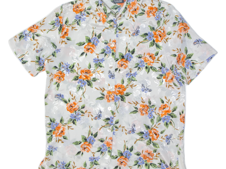 LINEAV Side Vents Womens Printed Shirt White Collared Floral M Hot on Sale