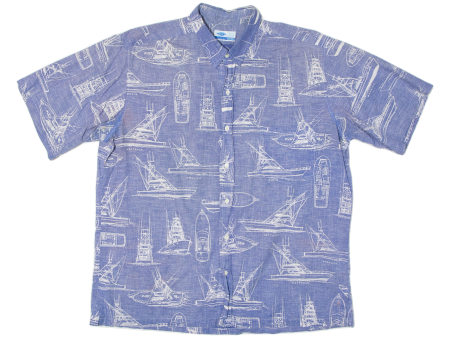 BLUE WATER WEAR All Over Boat Print Mens Shirt Blue 90s XL Online Hot Sale