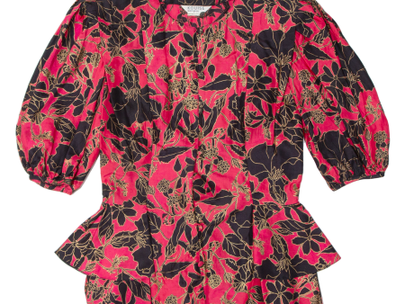 LOUISE BANGKOK Peplum Womens Printed Blouse Red 90s Silk Floral M on Sale