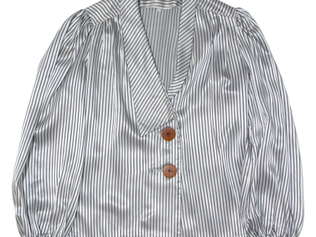 Puff Sleeve Womens Shirt Blouse Silver Collared 90s Striped S Hot on Sale