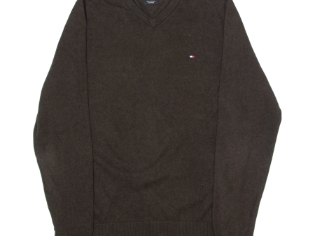 TOMMY HILFIGER Mens Jumper Brown V-Neck Tight Knit M Online Hot Sale