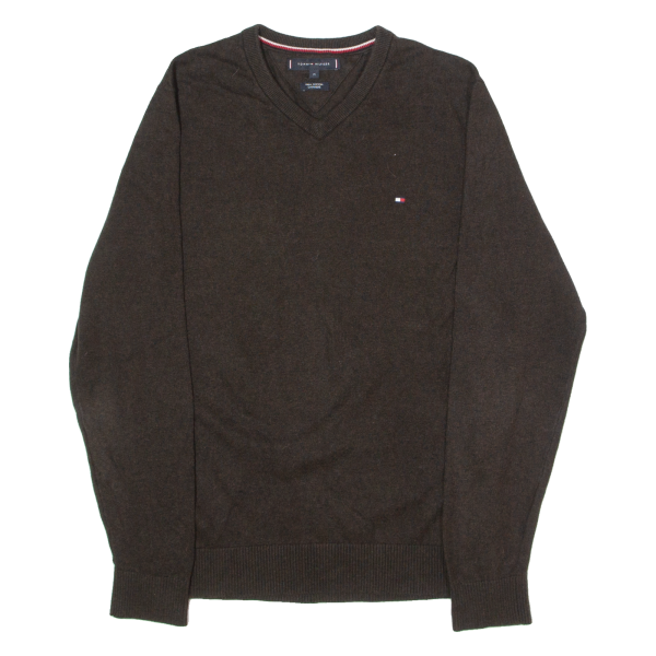 TOMMY HILFIGER Mens Jumper Brown V-Neck Tight Knit M Online Hot Sale