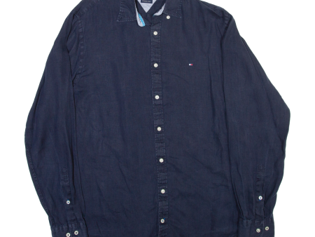 TOMMY HILFIGER Mens Plain Shirt Blue Linen Long Sleeve M Hot on Sale