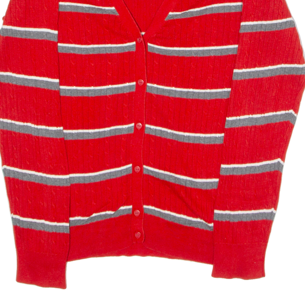 TOMMY HILFIGER Womens Cardigan Red Striped V-Neck Cable Knit L For Discount