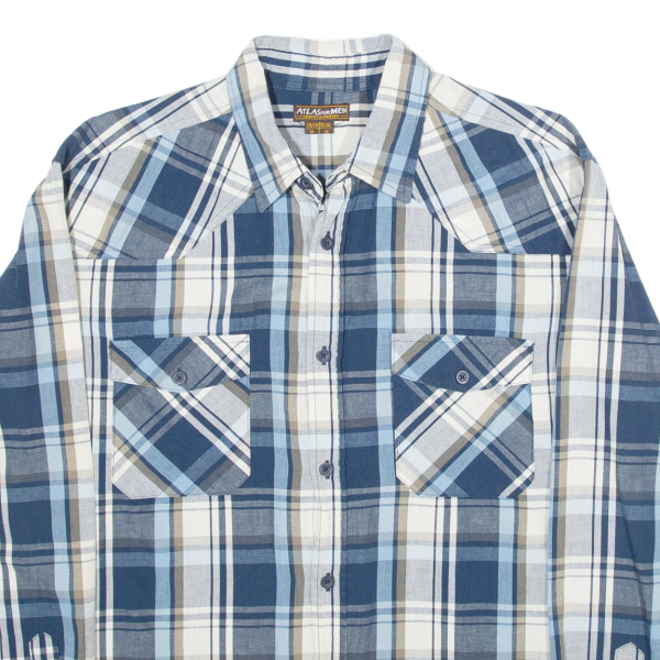 ATLAS Mens Shirt Blue Plaid Long Sleeve M Fashion