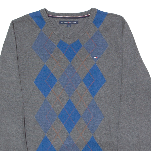 TOMMY HILFIGER Mens Patterned Jumper Grey Argyle V-Neck Tight Knit L Discount