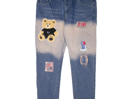 Teddy Bear Patched Womens Jeans Blue Regular Tapered W42 L31 Sale