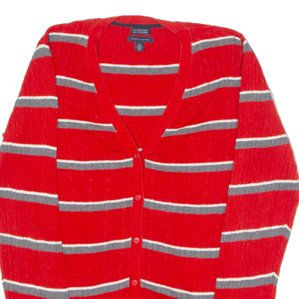 TOMMY HILFIGER Womens Cardigan Red Striped V-Neck Cable Knit L For Discount