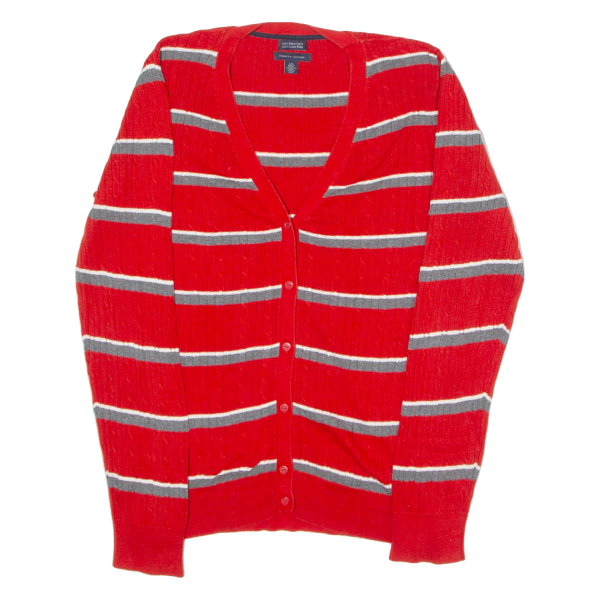 TOMMY HILFIGER Womens Cardigan Red Striped V-Neck Cable Knit L For Discount