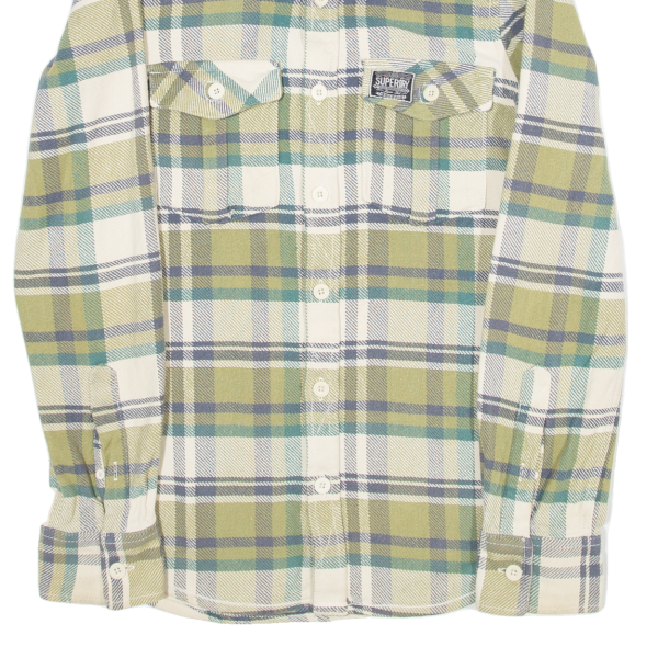 SUPERDRY Mens Flannel Shirt Green Plaid Long Sleeve S Fashion