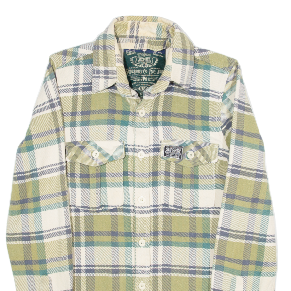 SUPERDRY Mens Flannel Shirt Green Plaid Long Sleeve S Fashion