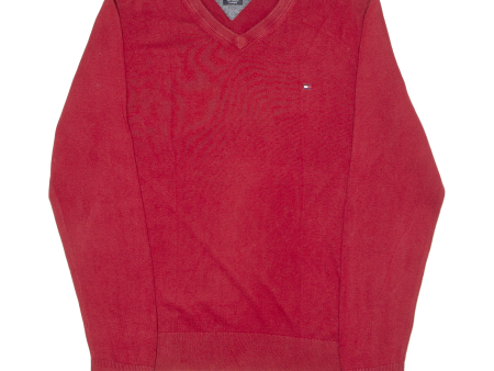 TOMMY HILFIGER Mens Jumper Red V-Neck Tight Knit L Cheap